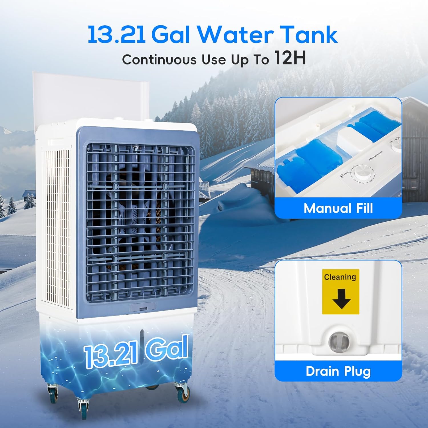 ACHAZEL Evaporative Air Cooler showing water tank and manual fill
