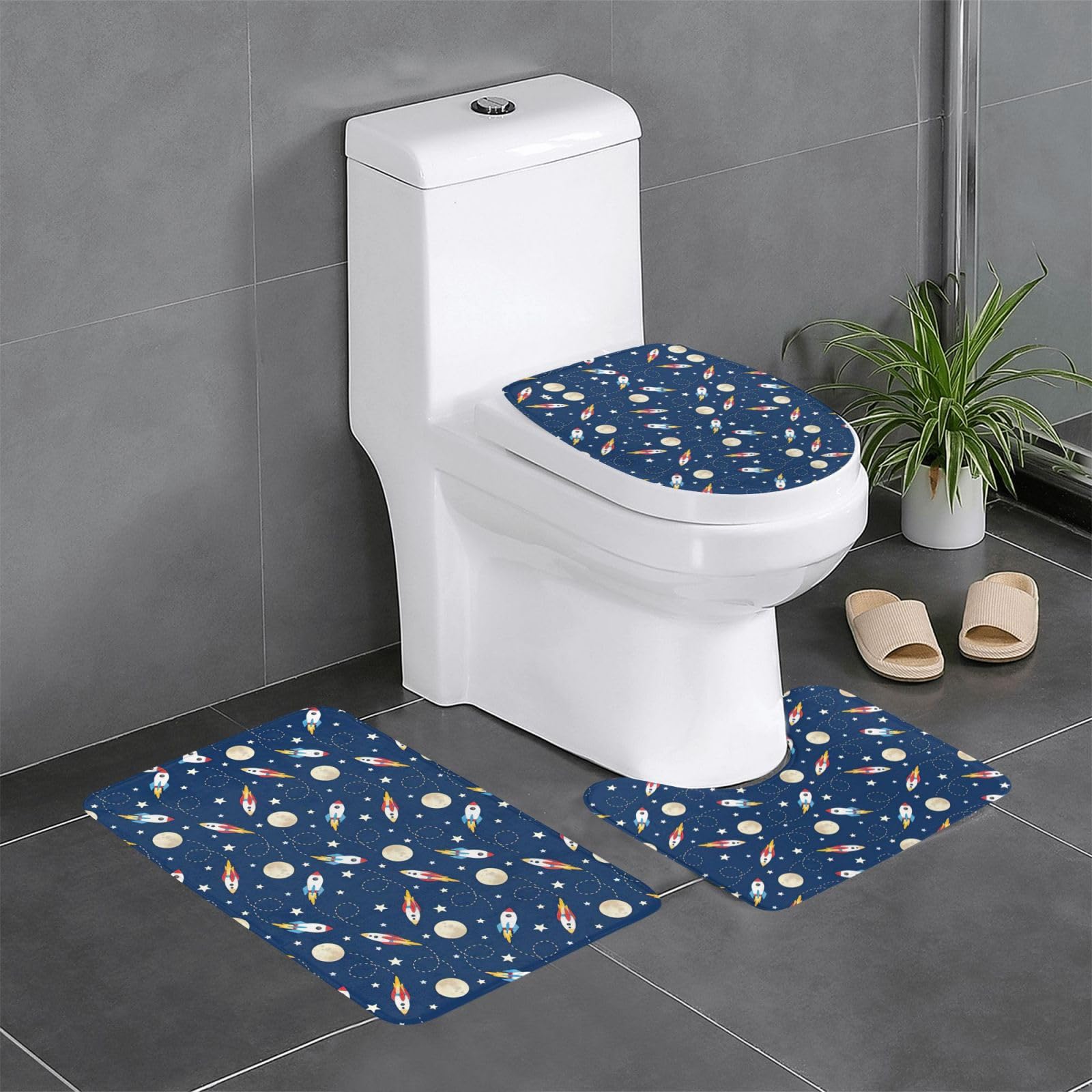 Tapis de bain absorbants et lavables motif fusée avec fond antidérapant haute sécurité lot de 3
