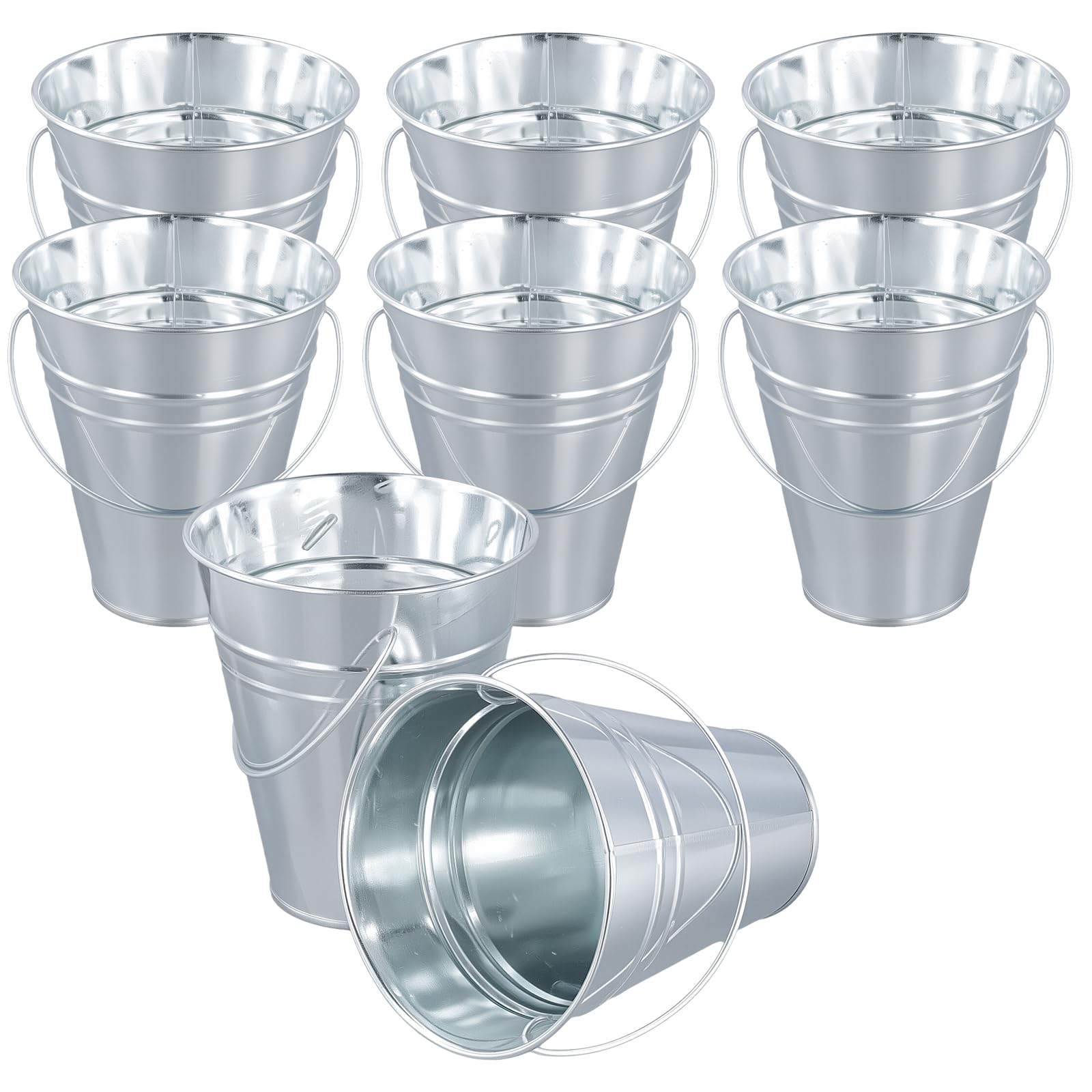 Jeuihau Silver 8 Pack Mini Metal Buckets With Handle, 4.5 Inch Small Tinplate Tin Pails Mini Serving Buckets For Party Favors, Snacks, Candy, Small Plants And Decoration