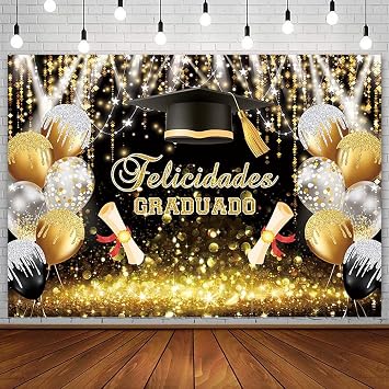 AIBIIN 7x5ft Felicidades Graduado Backdrop Black and Gold Congrats Grad Class of 2025 Congratulations on Graduation Prom Party Decorations Photography Background Bachelor Cap Banner Photo Studio Props