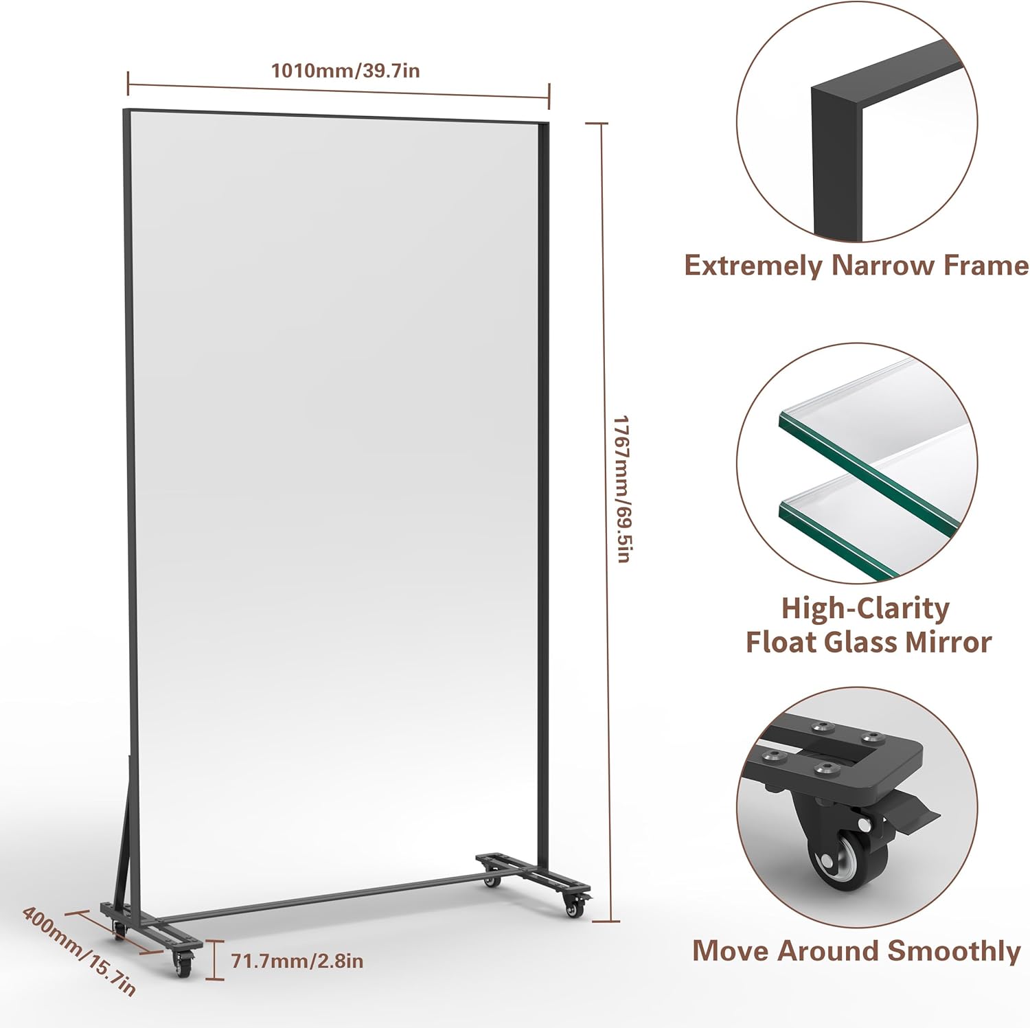 ANYHI Full Length Mirror with Wheels, 360° Swivel Full Body Rolling Mirror, 39.7"*69.5" Silver Float Glass Mirror, Sturdy Standing Floor Mirror for Home Gym, Bedroom, Yoga & Dance Studio