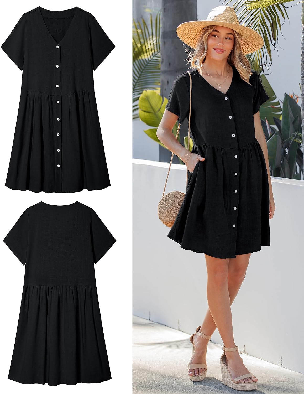 GRAPENT Linen Dresses for Women Casual Summer Babydoll Button Down Short Sleeve V Neck Above Knee Dress with Pockets image 5