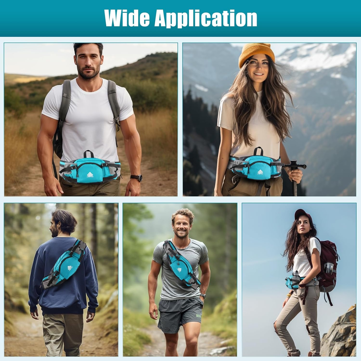 Fanny Pack Waist Bag with Water Bottle Holder for Men Women Running Hiking Travel Dog Walking Workout Cycling Outdoor (Turquoise Blue) - Image 2