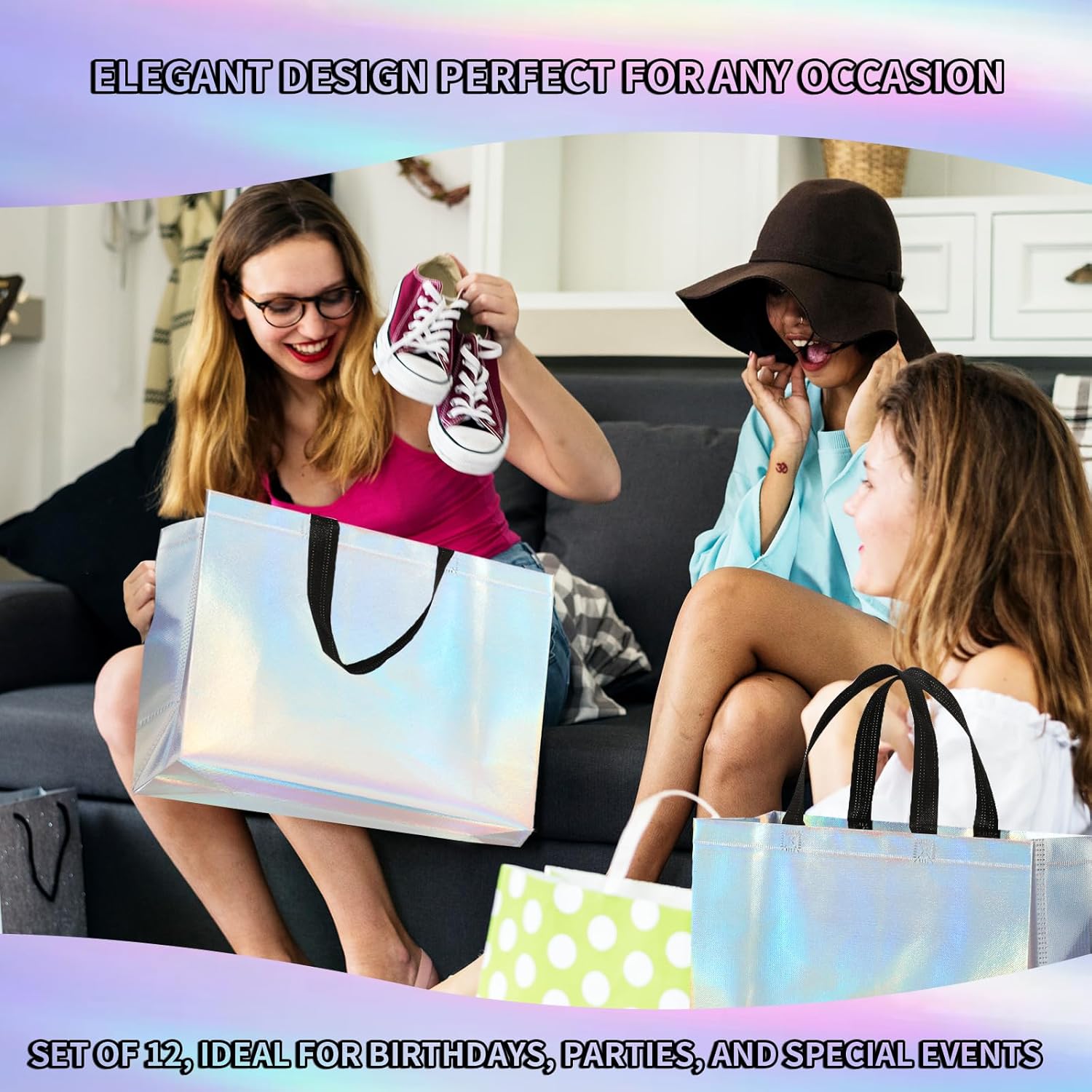 PHOGARY 15Pcs Iridescent Glossy Gift Bags with Handles & Sturdy Base, 12.6x4.7x11 In Reusable Holographic Christmas Gift Bags, Non-woven Goodie Bag Bulk for Birthday, Wedding, Holiday Party - Image 4