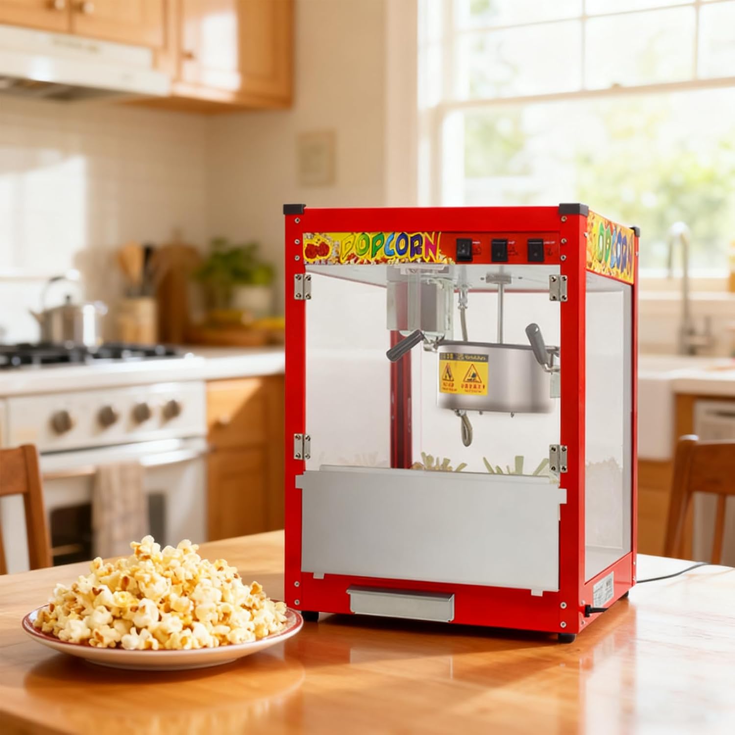 1400W Electric Automatic Movie Theater Style Popcorn Maker, Tabletop Commercial Machine, Stainless Steel Silver, with Polypropylene Door, 3-Switch Control Flat top type