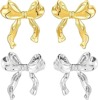 Gold Silver Bow Earrings for Women Knot Ribbon Stud Earrings Christmas Birthday Party Jewelry Gift