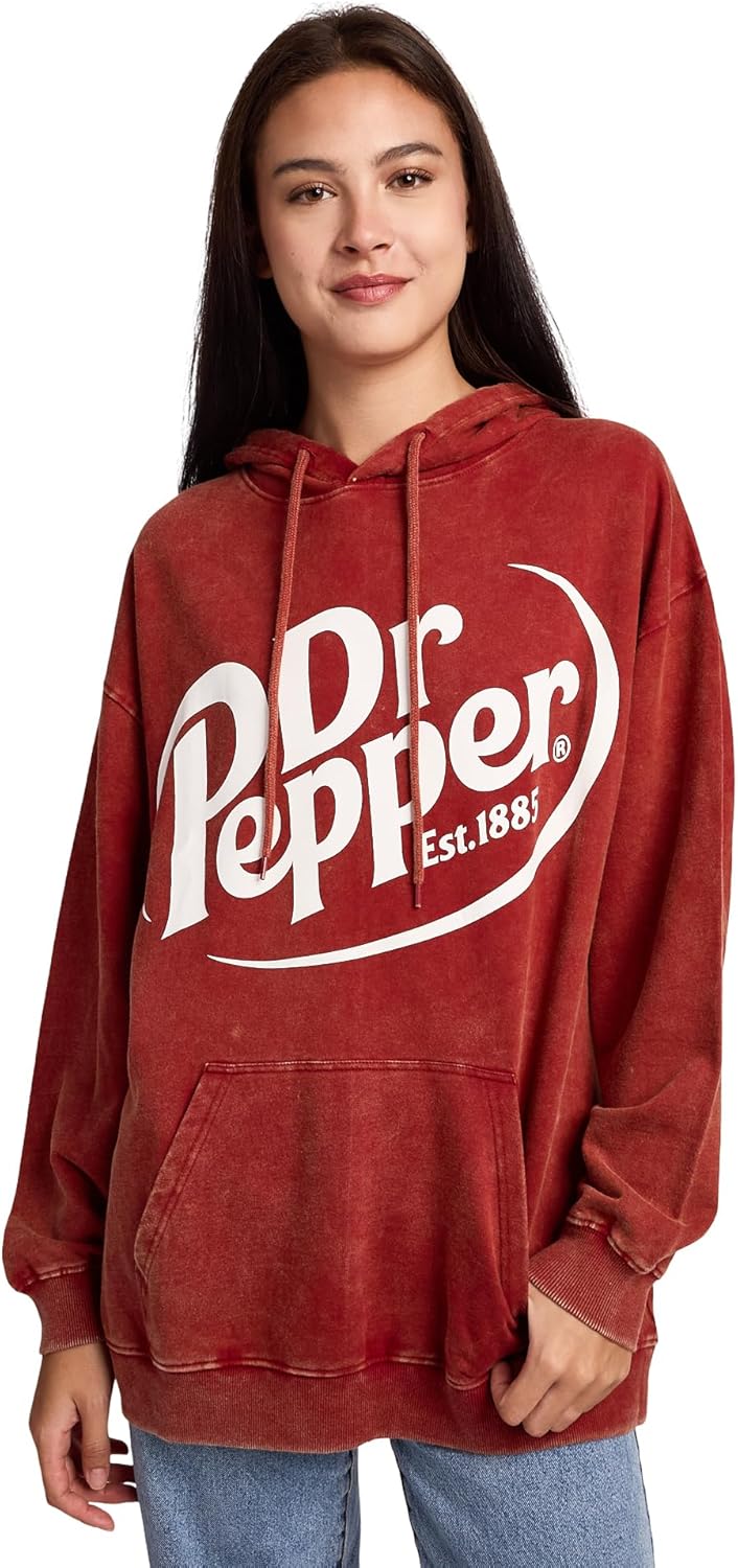 Bioworld Dr Pepper It's A Pepper Thing Women's Red Mineral Wash Long Sleeve Fleece Hooded Sweatshirt