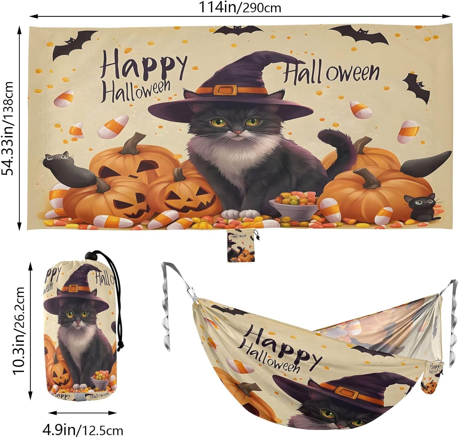ALAZA Halloween Witch Cat Pumpkin Camping Hammocks Single or 2 Person 500 lbs Portable Parachute Travel Hammock w/Tree Straps for Hiking Backpacking Indoor Outdoor