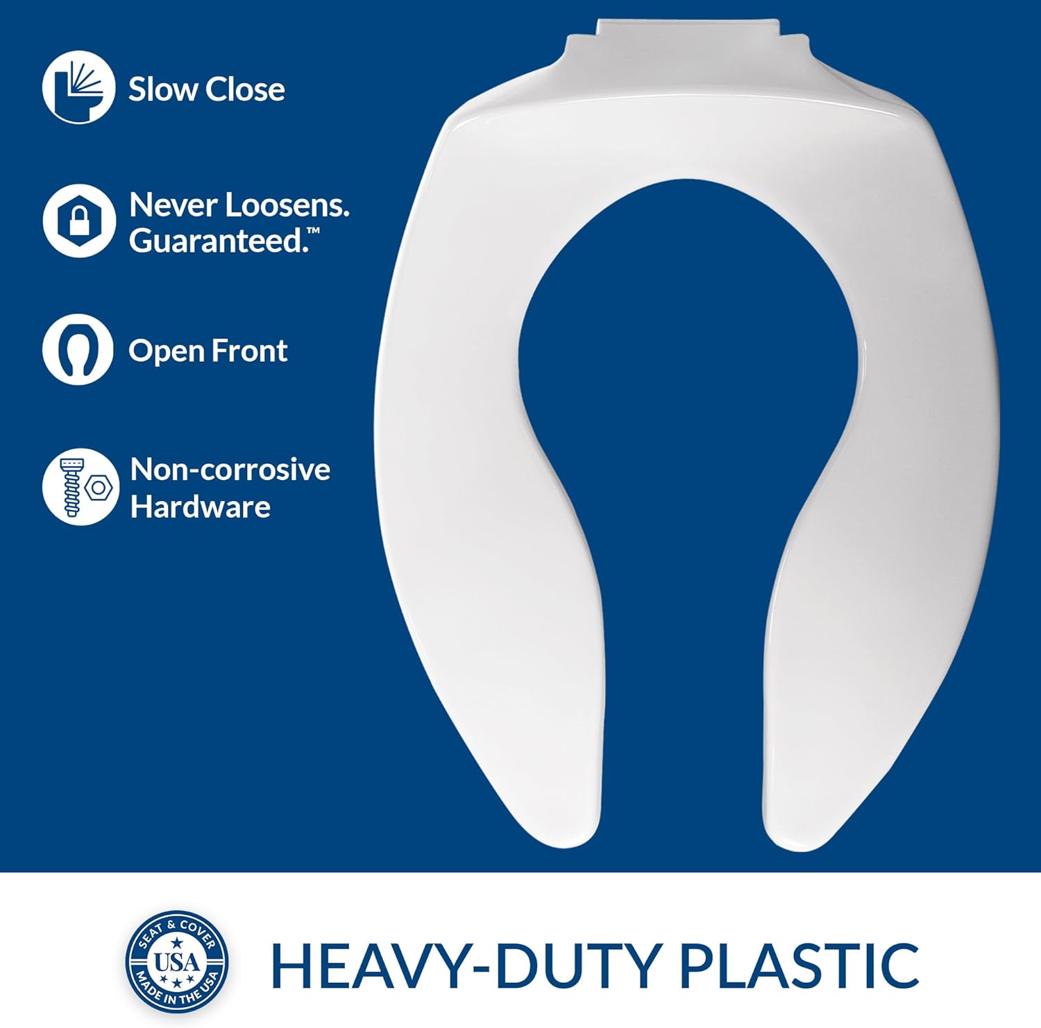 Bemis 9400SSC Commercial Open Front Plastic Toilet Seat, Heavy Duty Slow Close Industrial Seat without Lid, Secure Installation, Made in USA, Elongated, White