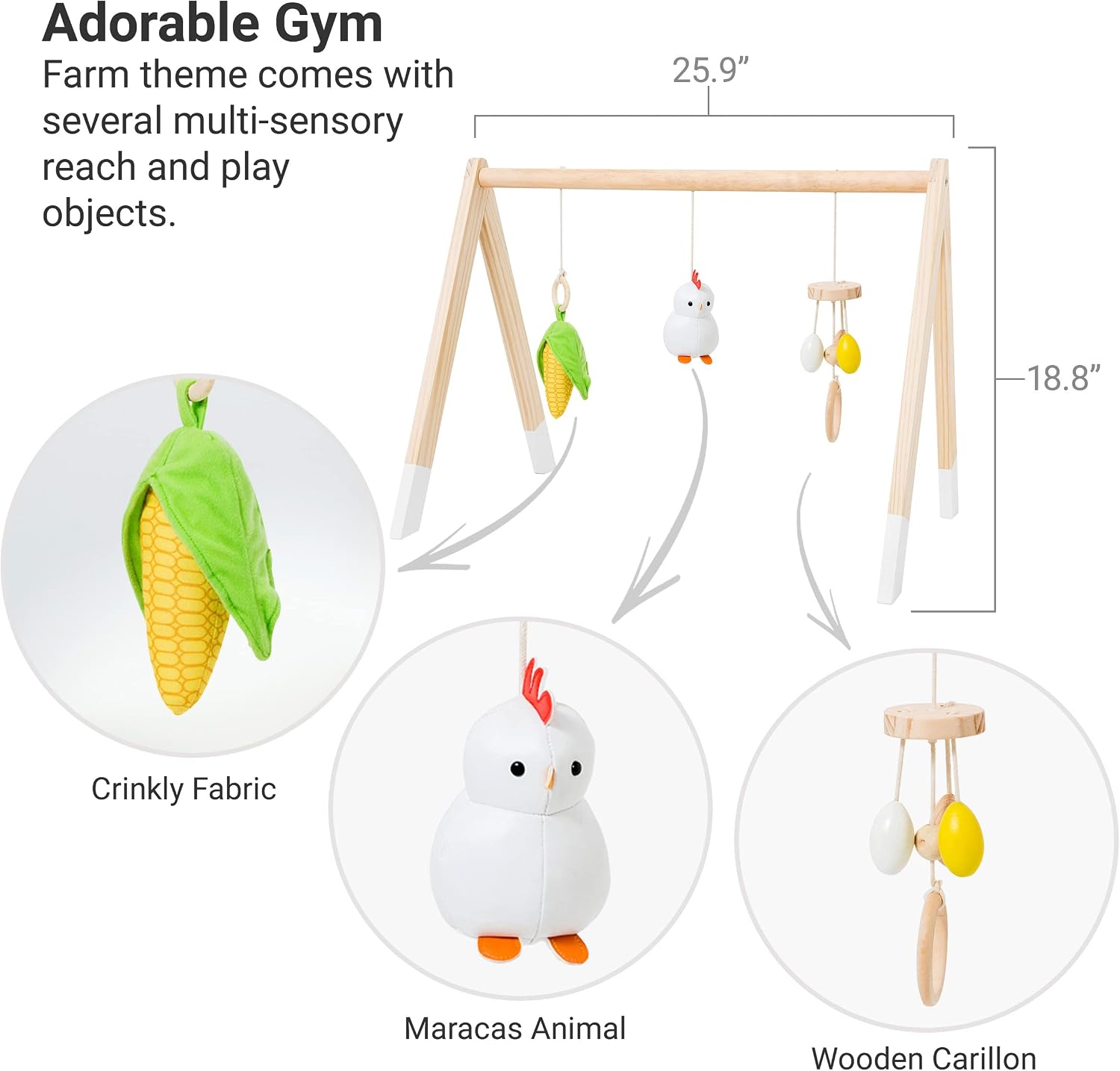 Little Big Friends Wooden Baby Activity Gym – Montessori Play Gym for Babies | Encourages Motor Skills & Sensory Development | Includes Crinkle Fabrics, Wooden Chimes & Hanging Toys – Farm