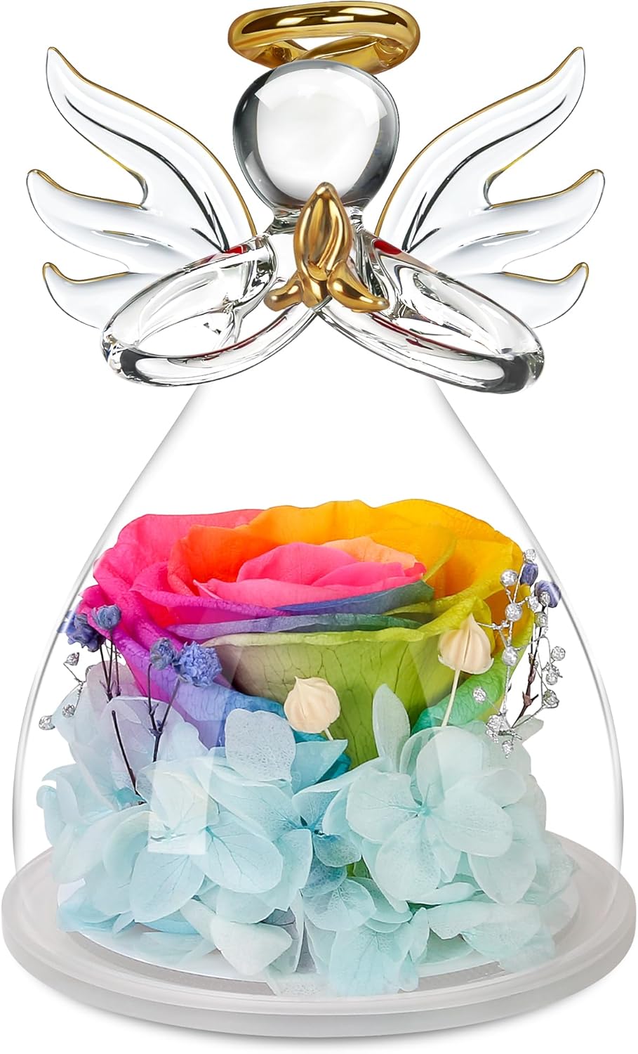 Valentines Day Rose Gifts for Her,Fresh Flowers for Delivery,Birthday Gifts for Women Mom,Preserved Flowers in Glass Angel Figurine,Angel Mothers Day Rose Gift for Mom Grandma,Rainbow Gift Valentines