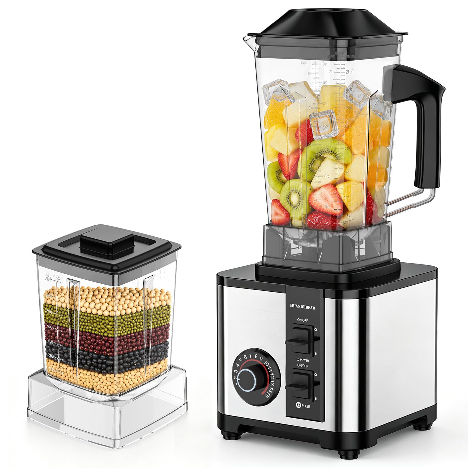 Frullatore multifunzione, frullatore per succhi e frullati 2 in 1, 15 velocità, 2 caraffe (2,5 l + 0,5 l), lame in acciaio inox, trita rapidamente ghiaccio e frutta congelata (2 in 1 B)