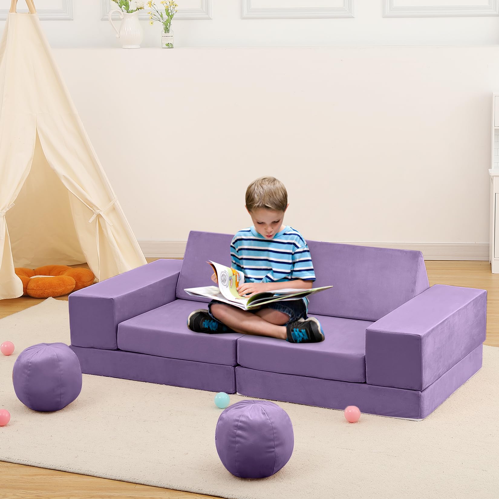 Garvee Sofá Modular De 12 Piezas para Niños: Sofá Seccional DIY para Sala De Juegos, Dormitorio y Guardería. Espuma Suave, Plegable, Funda Extraíble, Muebles Creativos para Niños y Niñas, Púrpura.