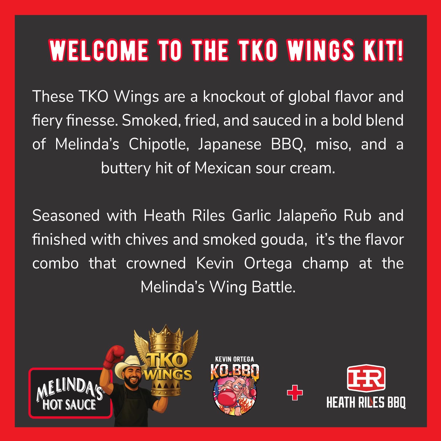 Melinda’s TKO Wing Recipe Kit – Championship Flavor Set with Japanese BBQ Sauce, Chipotle Pepper Sauce, Heath Riles Garlic Jalapeño Rub, and Recipe Card – Smoky, Umami, & Spicy Wing Kit