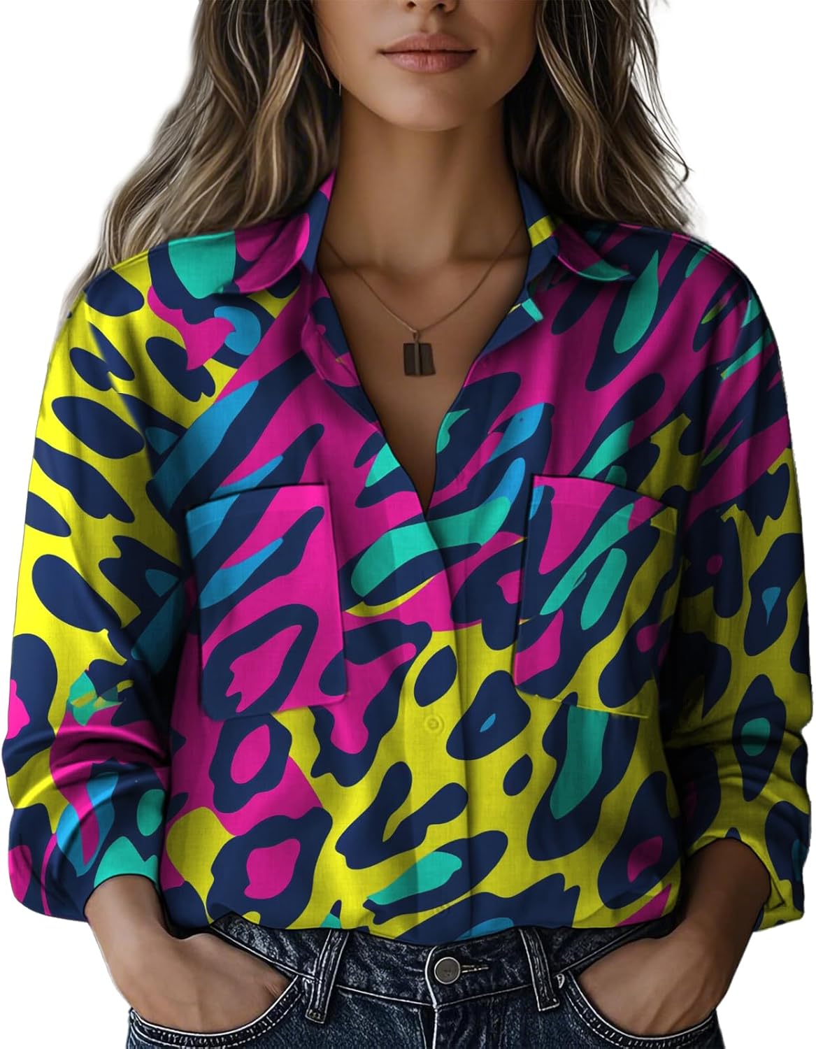 Biacolum Long Sleeve Shirts for Women Casual Retro V Neck Baggy Dressy Gauze Office Work Beach Top with Pocket