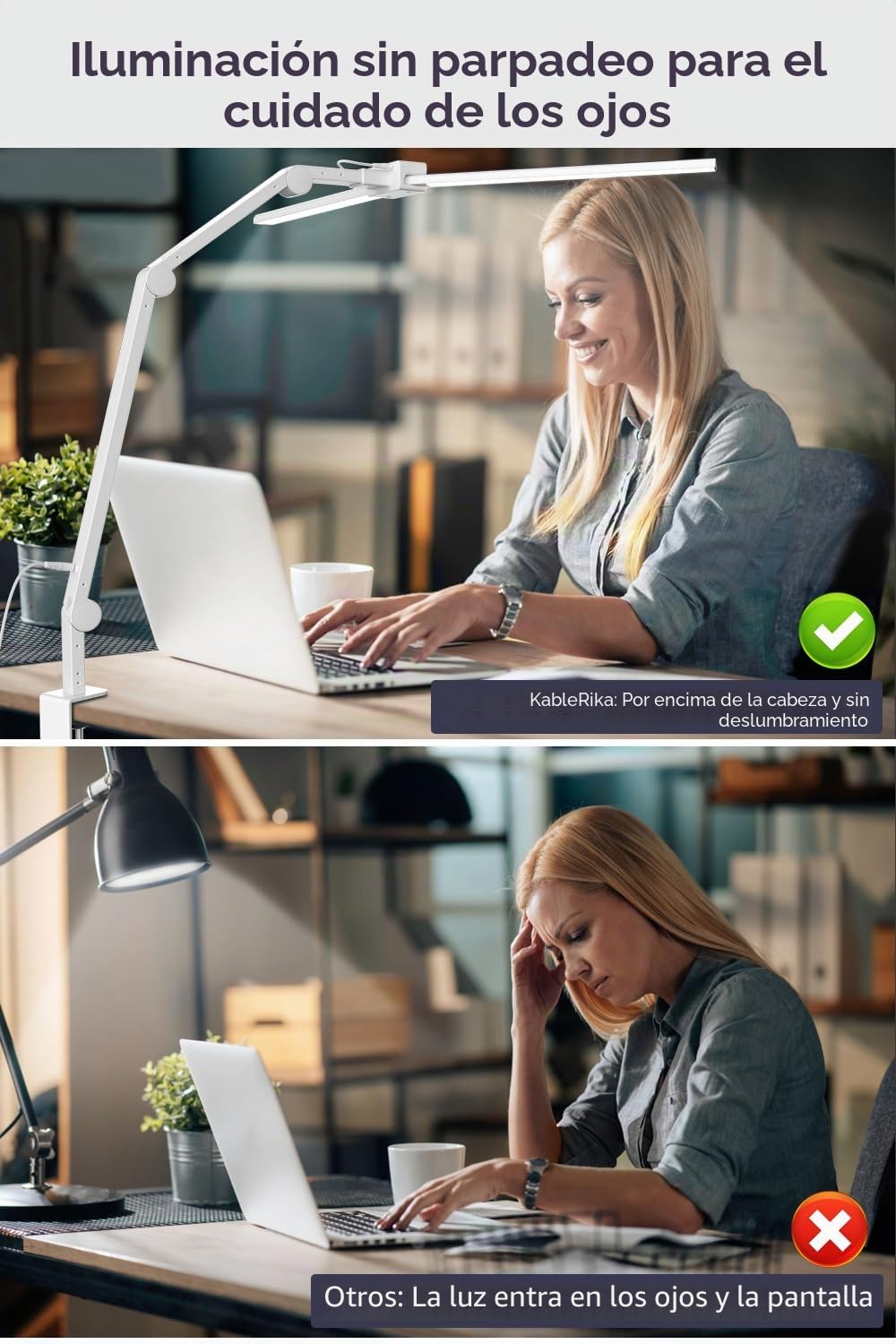 KableRika Lámpara escritorio LED de doble cabezal con pinza, 24W Blanco | 1200 lm, 3 articulaciones de fricción con ajuste de 225°, brillo automático – ideal para oficina y trabajo con ordenador