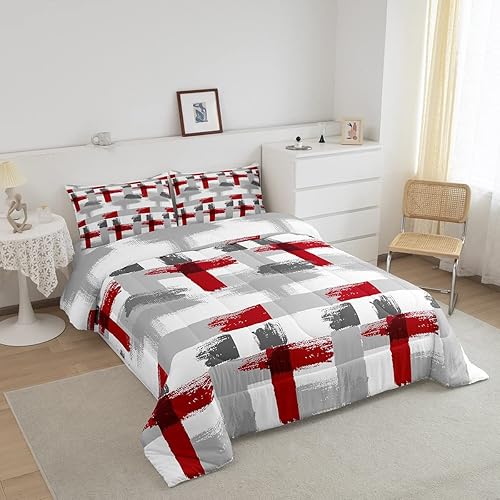 Miniatura 2 de Juego de edredón de rayas rojas, grises y blancas, juego de ropa de cama geométrico degradado, edredón moderno a rayas para niños, niñas, niños,