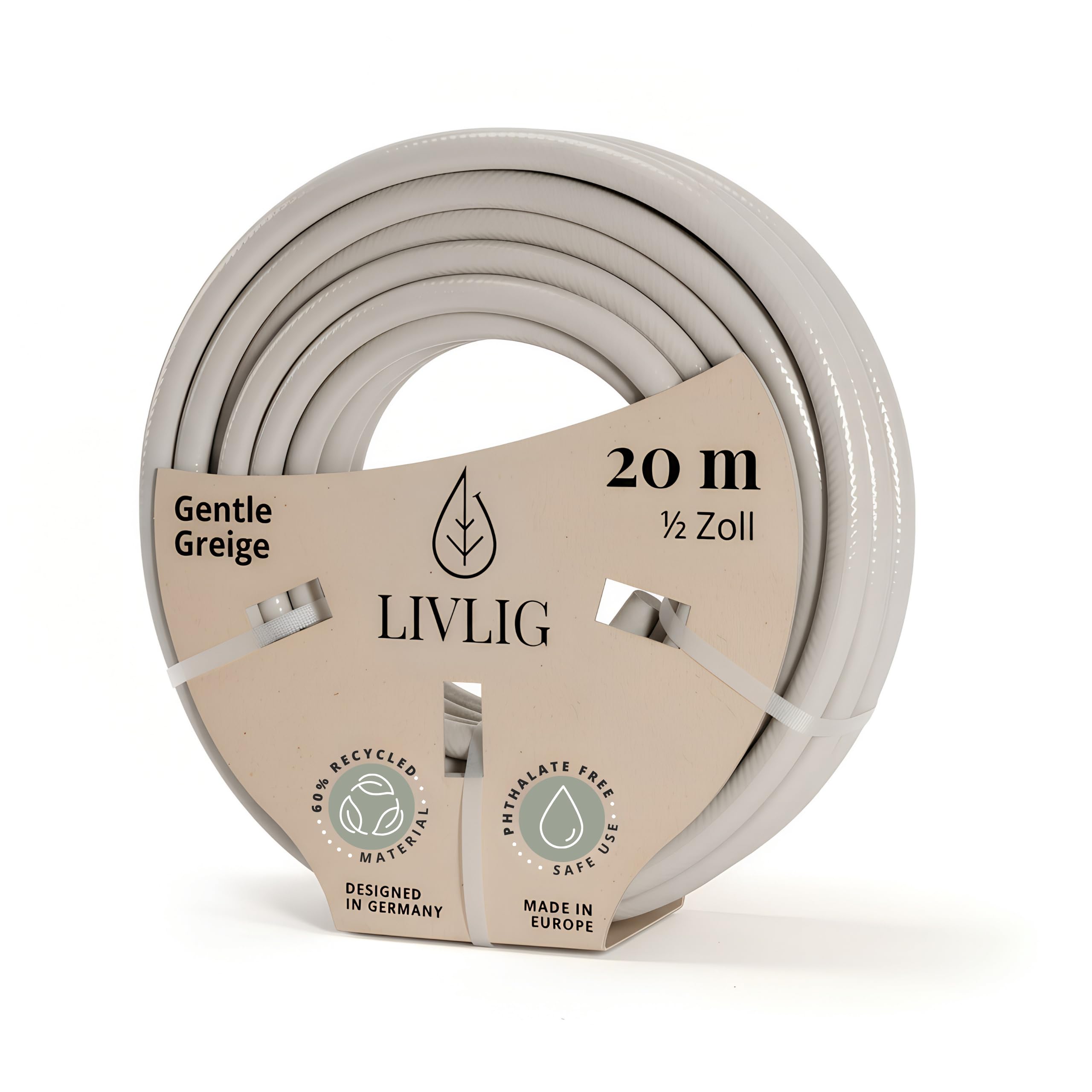 LIVLIG Tubo da Giardino 20m Design – Tubo Irrigazione Flessibile, 60% Riciclato, Resistente UV, Anti-Torsione, 1/2 Pollice, Greige