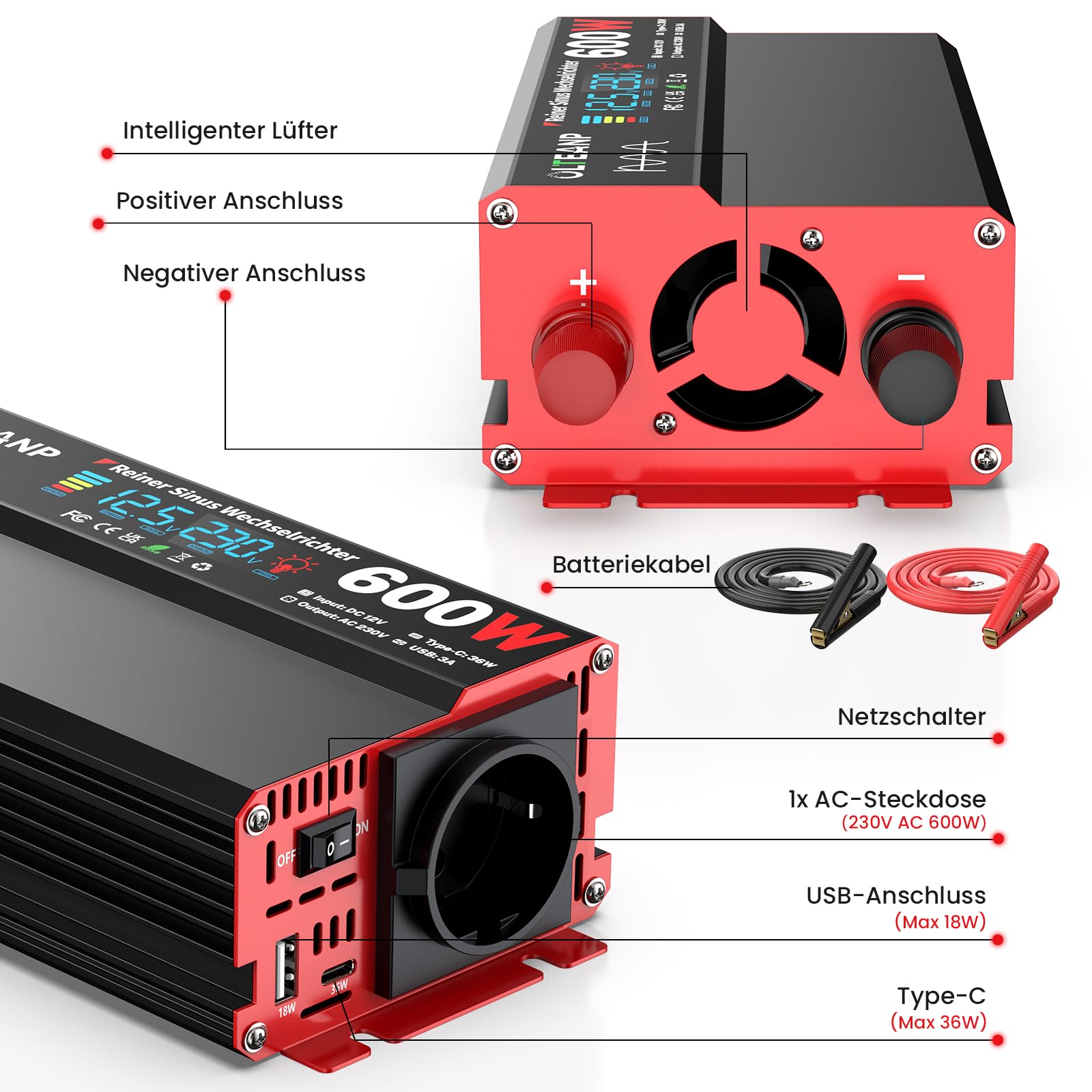 OLTEANP Inverter Da 12Va 230V a Onda Sinusoidale Pura, Convertitore Di Tensione 600W Con Display LCD, Prese AC, Connessione 36W Type-C, Connessione Usb 5V/3A Per Camion, Case, Veicoli