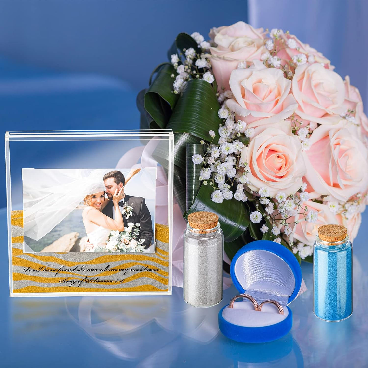 Roowest Wedding Sand Ceremony Kit Includes Clear Acrylic Unity Sand Ceremony Photo Frame 2 Pack Photo Fixing Corner Stickers and 2 Glass Unity Holder for Weddings Gifts Party Home Decor(Blue, Gray)