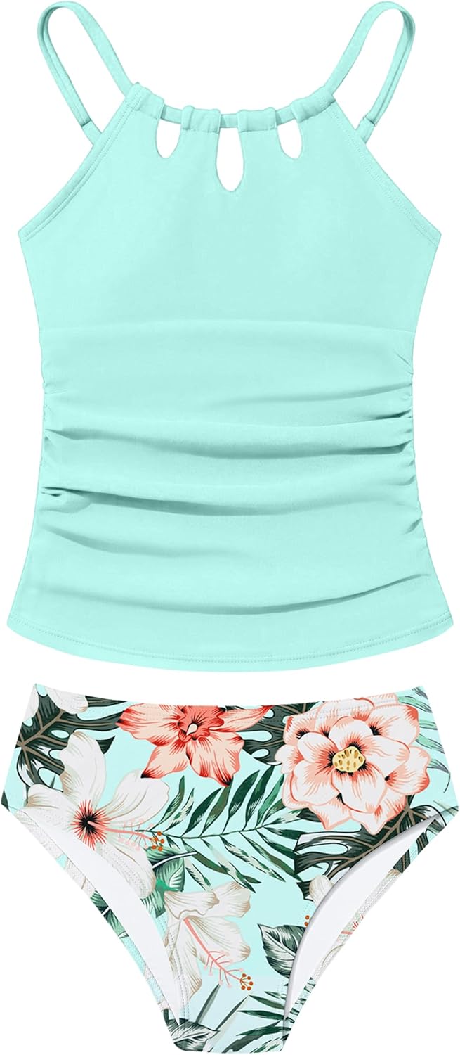 Girls Swimsuit Cutout Bathing Suit Cute Two Piece Swimsuits for Teen Girls Modest Swimwear High Waisted Tankini 9-18y