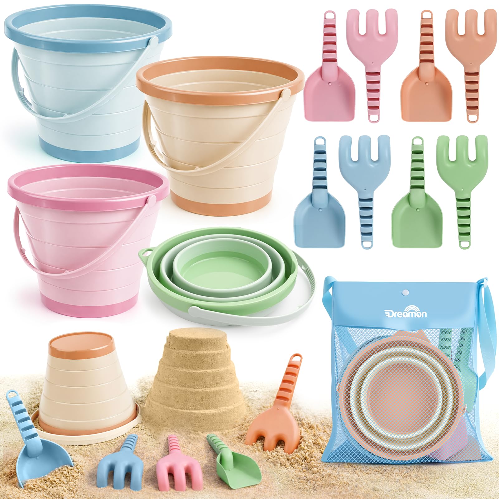 Dreamon Beach Toys, 13PCS Bucket and Spade Beach Set Kids with 4 Collapsible Buckets, 8 Beach Spades & Mesh Beach Bag