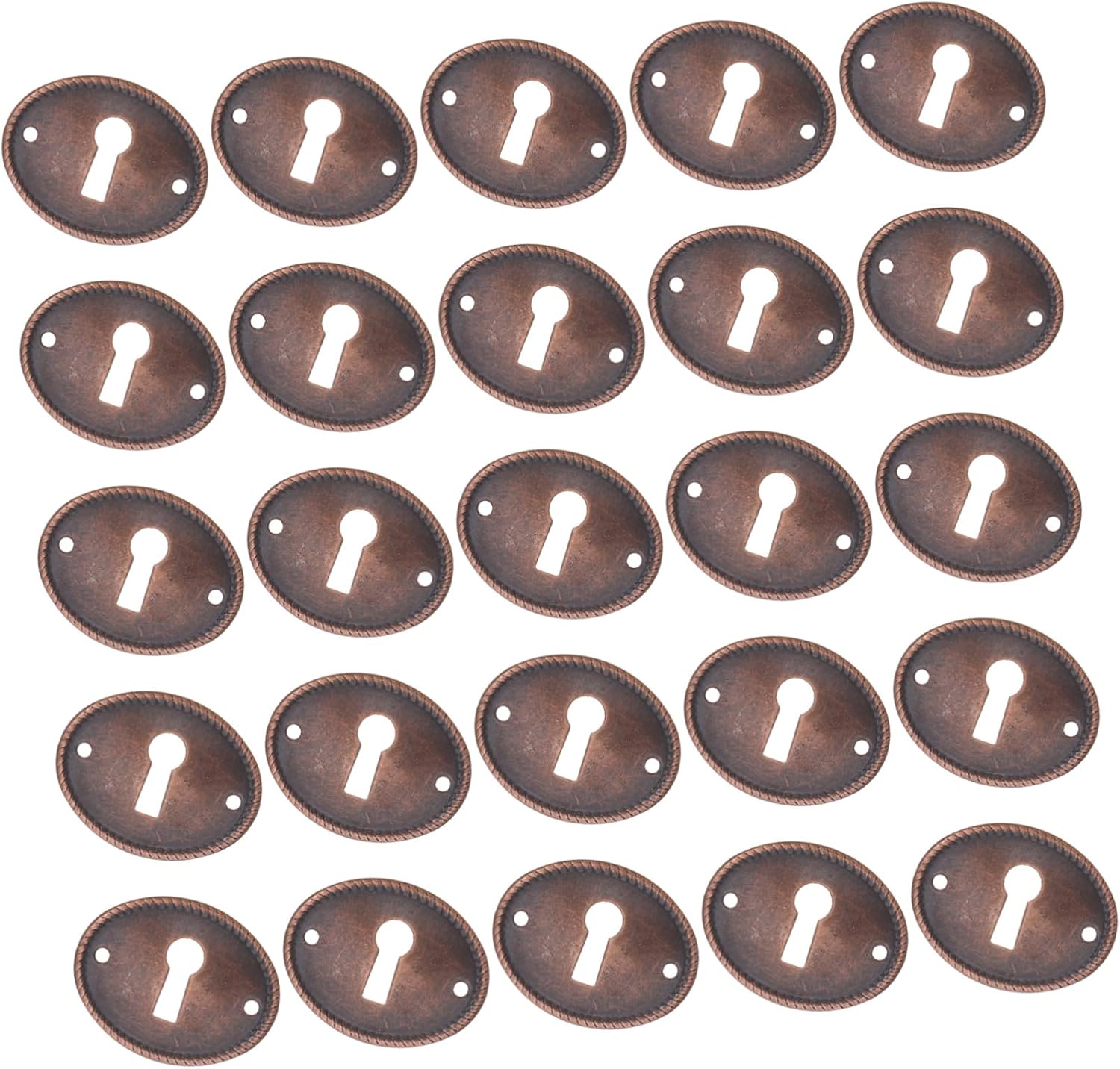 25pcs Vintage Oval Keyhole Covers Decorative Keyhole Plates Metal Escutcheon for Dresser Drawer Furniture Restoration with Red Copper Finish