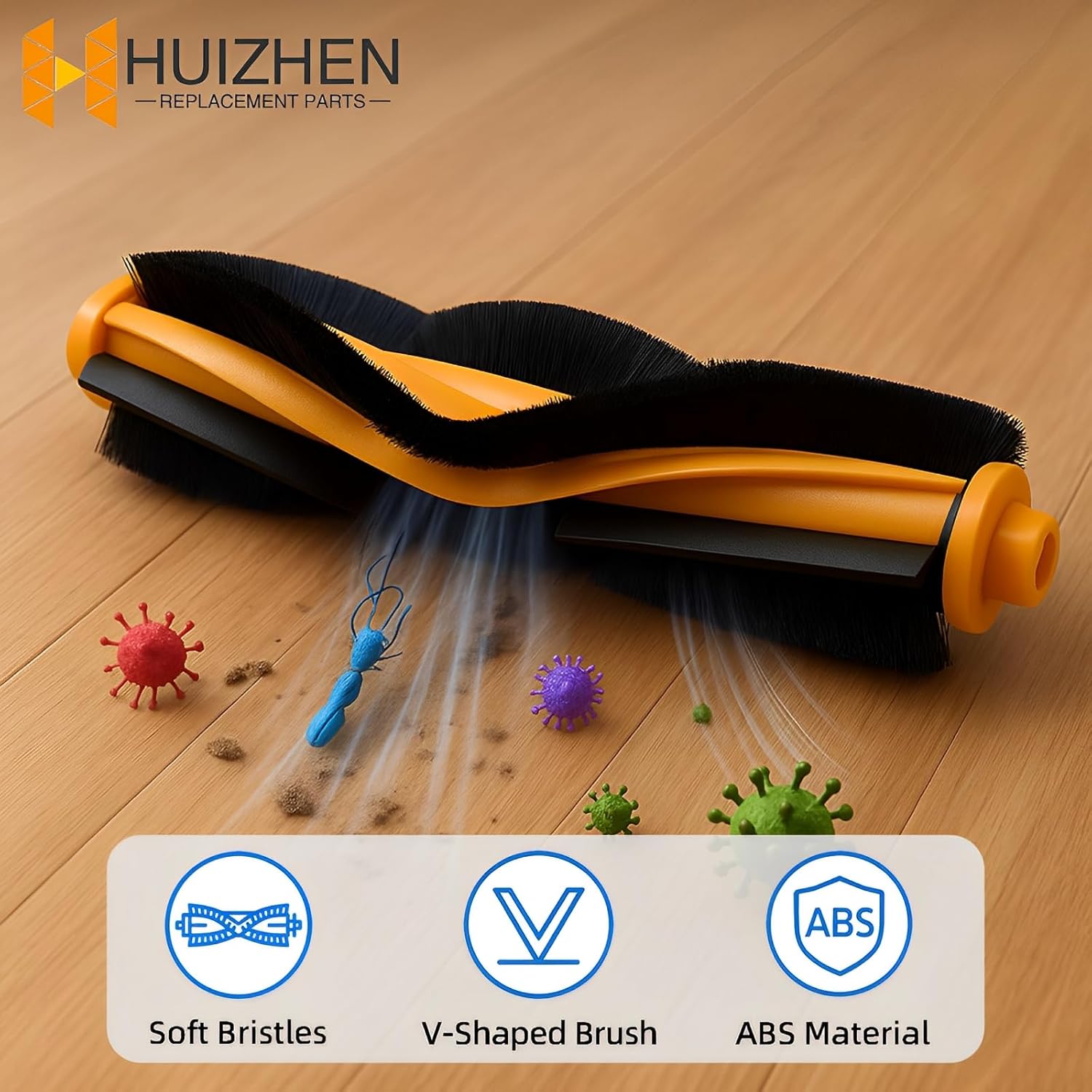 Image showing the main roller brush with features like soft bristles, V-shaped design, and ABS material.