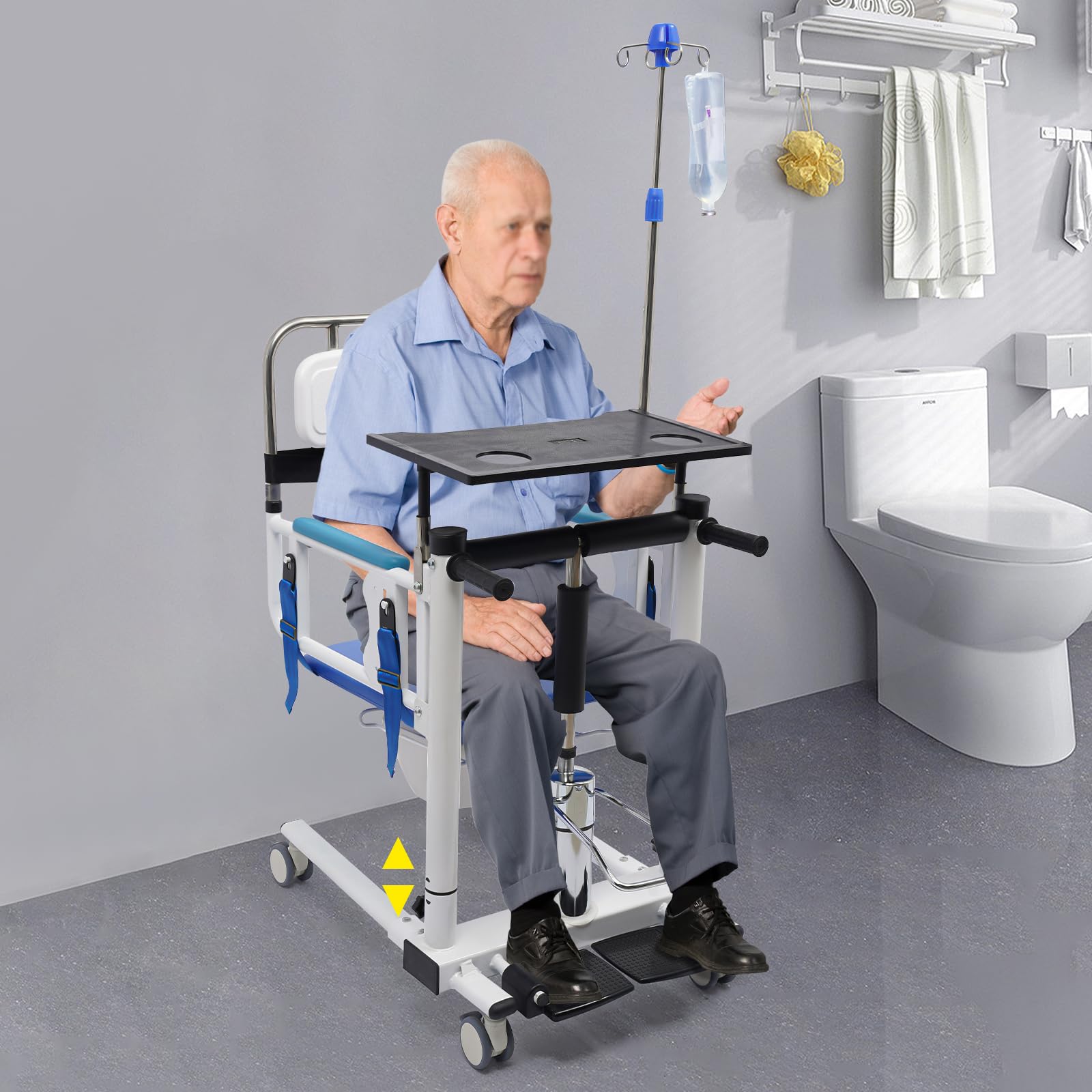 Podnośnik dla pacjentów, krzesło toaletowe z regulacją wysokości dla seniorów, wielofunkcyjny podnośnik hydrauliczny dla seniorów, krzesło toaletowe z kółkami/blatem do jadalni, podpórką infuzyjną,