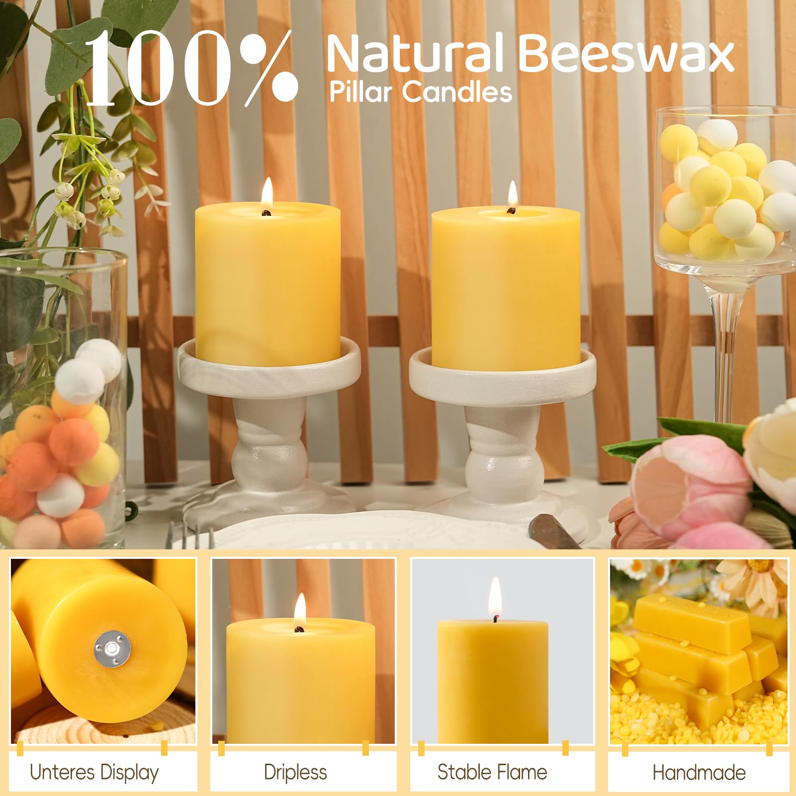 Velas de cera de abeja natural, no tóxicas, 2.8 x 3 pulgadas, paquete de 2, 90 horas de duración | Vela de cera de abejas 100 % pura, orgánica, sin perfume, sin humo, para el hogar, emergencia, oración, iglesia, cena