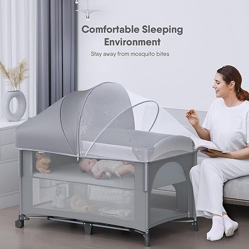 Miniatura 2 de Cuna 4 en 1, para empacar y jugar, para cuna de noche, cambiador de pañales, viene con colchón, mosquitera, almacenamiento inferior y barra de