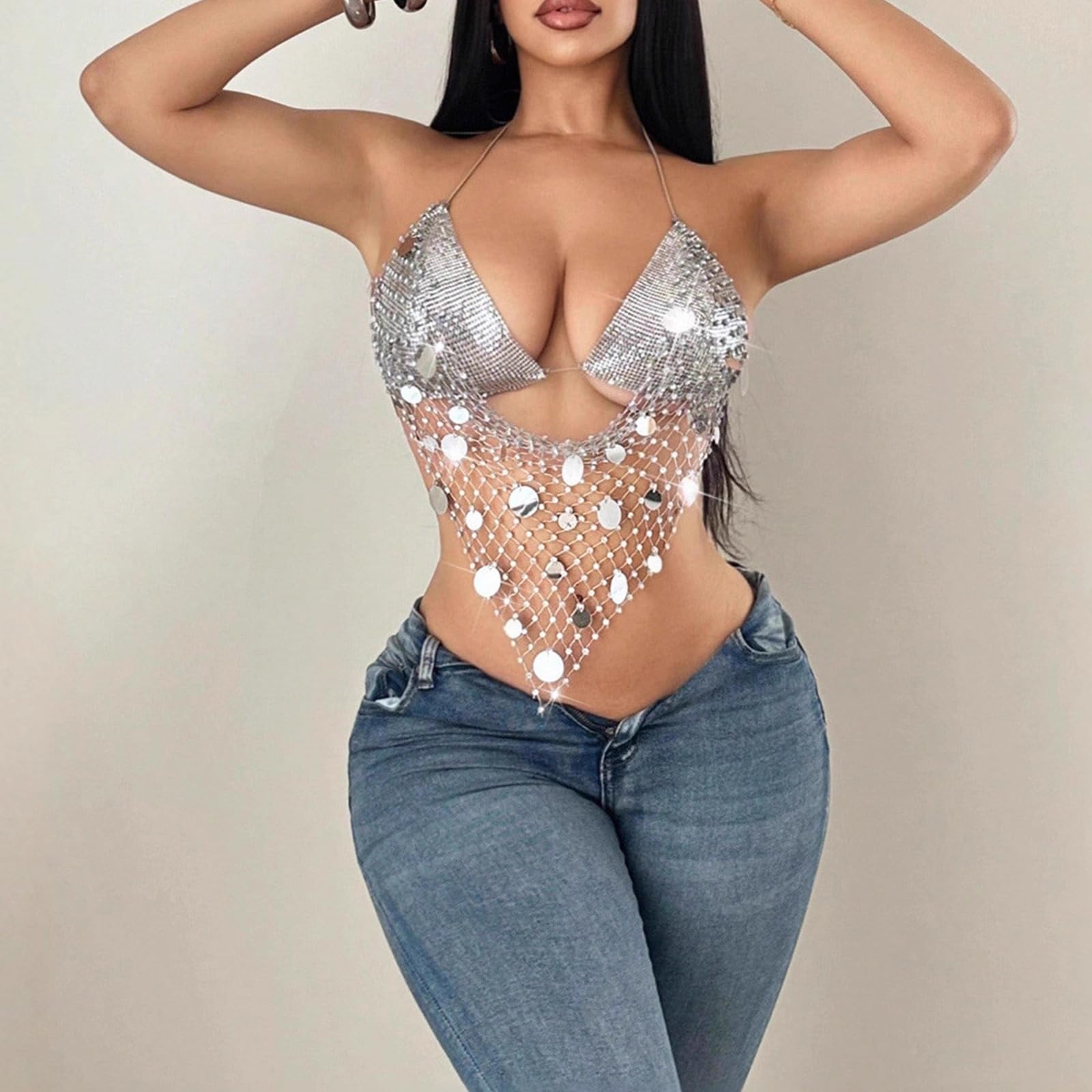 Glitter Strass Mesh Party Shirt Halterneck Paillettes Reggiseno Backless Body Chain per le Donne ' s Festival Club Serbatoi Top Donne ' s Festival Top