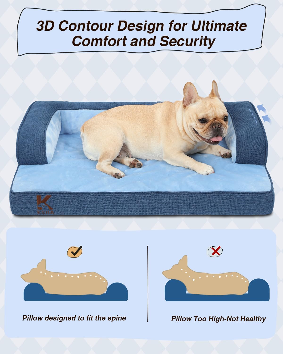 KSIIA Washable Dog Bed Large Sized Senior Dog, Orthopedic Warm Soft Pet Sofa Waterproof Pet Couch with Sides, Non-Slip and Egg-Crate Foam Big Beds with Removable Cover, 35x22Inch, Blue