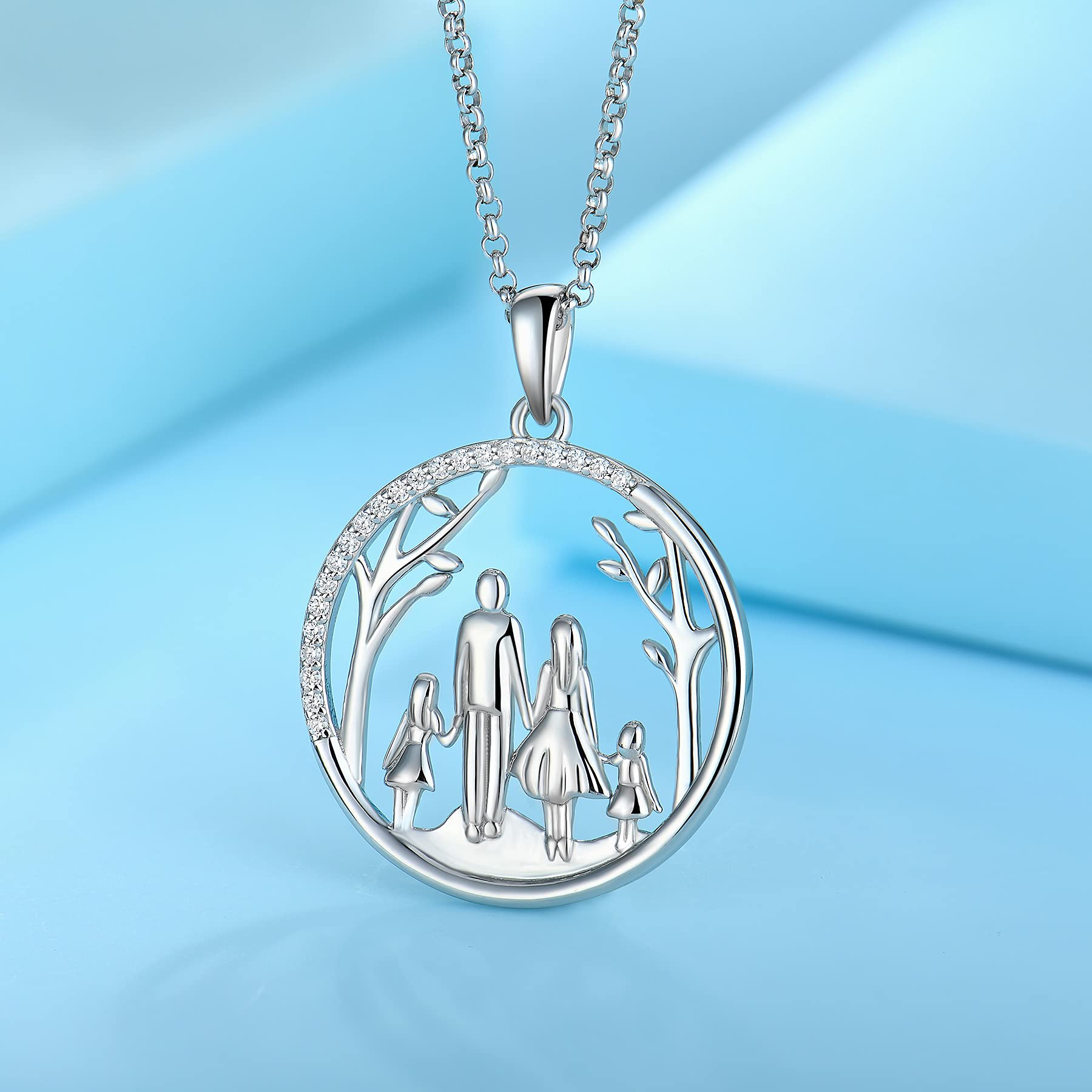 JO WISDOM Collana di Famiglia Albero della Vita Argento 925 Donna,Ciondolo con Catena Madre Figlia Papà Figlio Zirconia cubica 3A