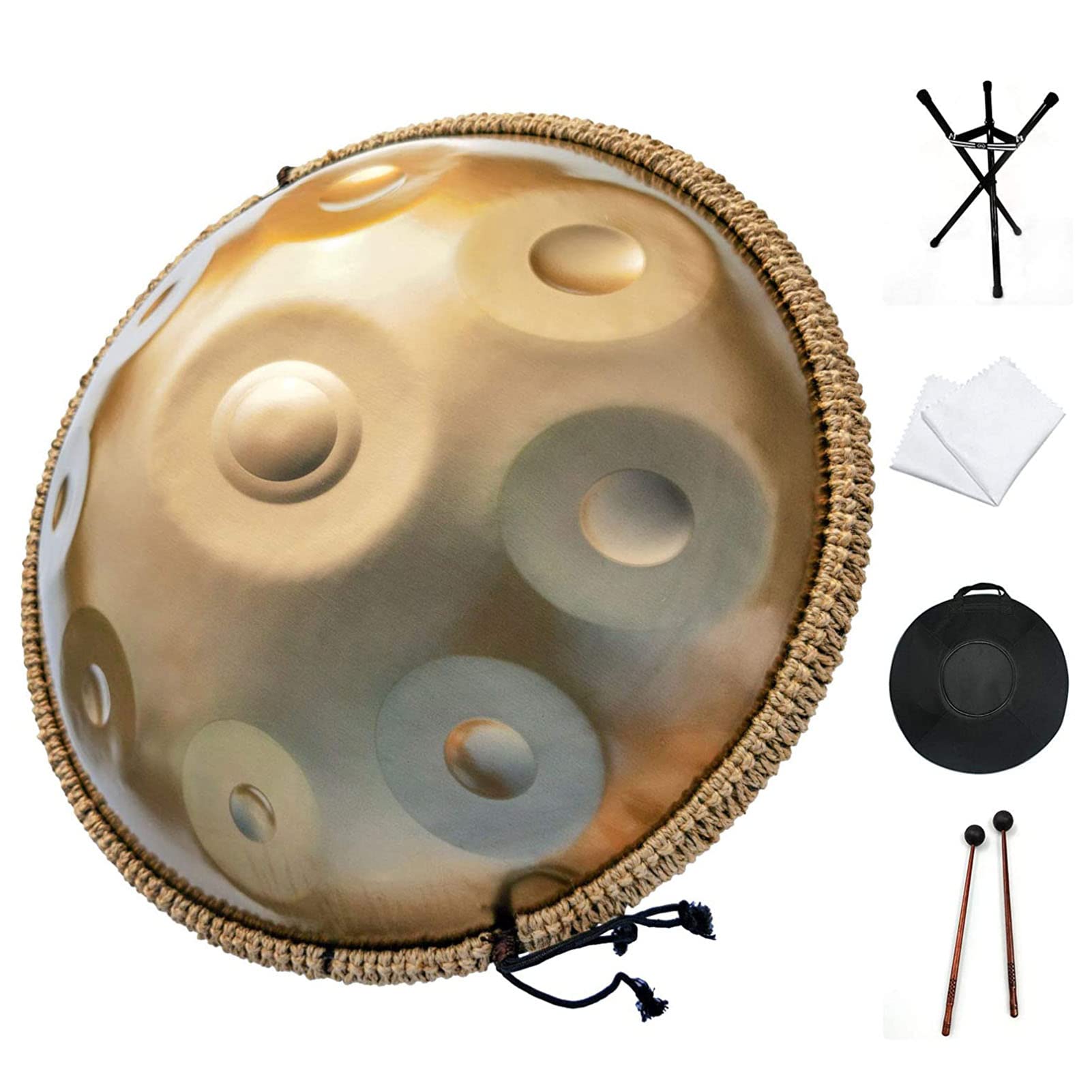 KANBUN Instrumento de Tambor handpan, d Menor 9 Notas Tambor de Acero de 22 Pulgadas con Bolsa de sartén de Mano Suave, 2 mazos handpan, Soporte handpan, Tela sin Polvo