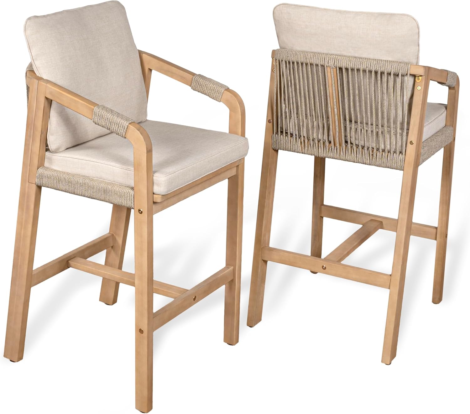 JONATHAN Y Porto BSL1200A-SET2 Acacia Wood Outdoor Bar Stools with Cushions & Armrests - Coastal Modern Set of 2, Beige/Light Teak