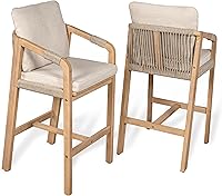 JONATHAN Y Porto BSL1200A-SET2 Acacia Wood Outdoor Bar Stools with Cushions & Armrests - Coastal Modern Set of 2, Beige/Light Teak