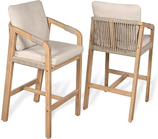 JONATHAN Y Porto BSL1200A-SET2 Acacia Wood Outdoor Bar Stools with Cushions & Armrests - Coastal Modern Set of 2, Beige/Light Teak
