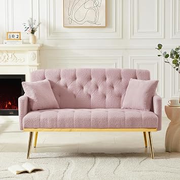 hansones Modern Upholstered Velvet Loveseat Sofa,Tufted Upholstery, Comfy Reception Love Seats,Small Spaces Bedroom Apartment Office Living Room Pink Teddy