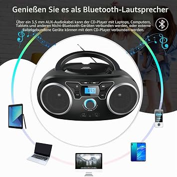 Portable CD Radio (CD Player Boom Boxes FM Radio USB Battery/Mains Operated Headphone Jack AUX-In 2 x 2 W) CD Player for Home or Outdoor Use