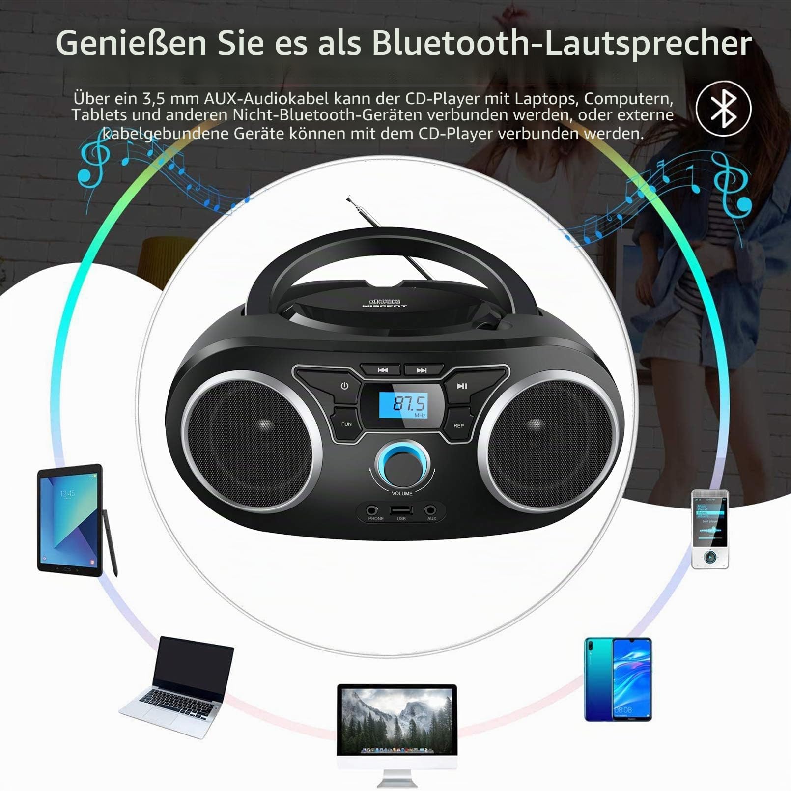Tragbares CD Radio (CD-Player, Boomboxen, UKW Radio, USB, Batterie/Netzbetrieb, Kopfhöreranschluss, AUX-In, 2x2 W),CD Spieler für Hause oder draußen