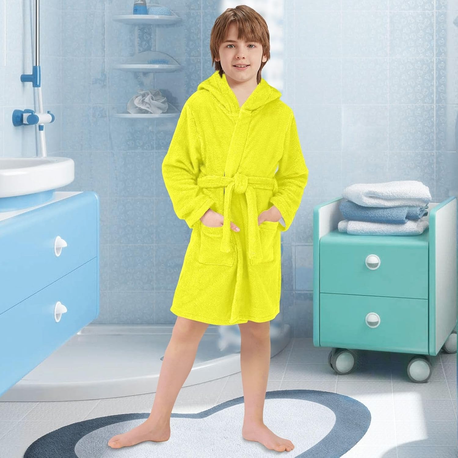 ODAWA Yellow Kids Bathrobe, Ultra Soft Plush Hooded Towel Robe for Boys Girls, Quick Dry Bath Swimming Beach Robe