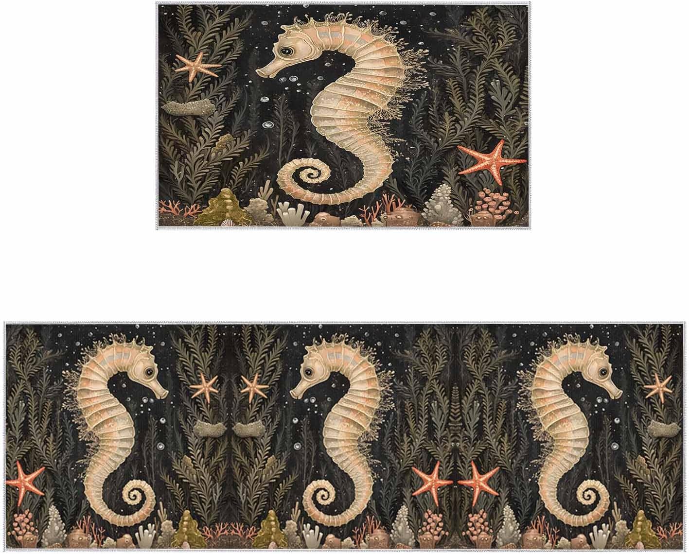 2 Pieces Kitchen Rugs and Mats,Marine Seahorse Starfish Coral Area Runner Rug Set Non Slip Floor Doormat Washable Carpet Standing Mat for Kitchen Sink Indoor Corridor,Vintage Underwater World
