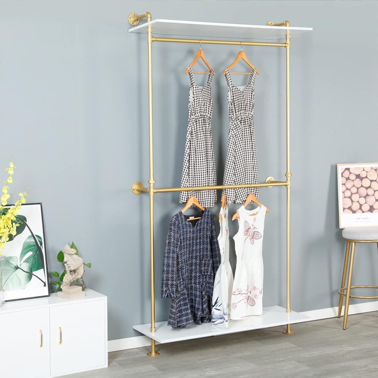 Modern Simple 2 Tier Metal and Wood Garment Rack,Industrial Pipe Double Hanging Rods Clothing Rack,Retail Display Wall Mounted Storage Clothes Hanging Shelf (One Shelves,Gold, 55.2" L)