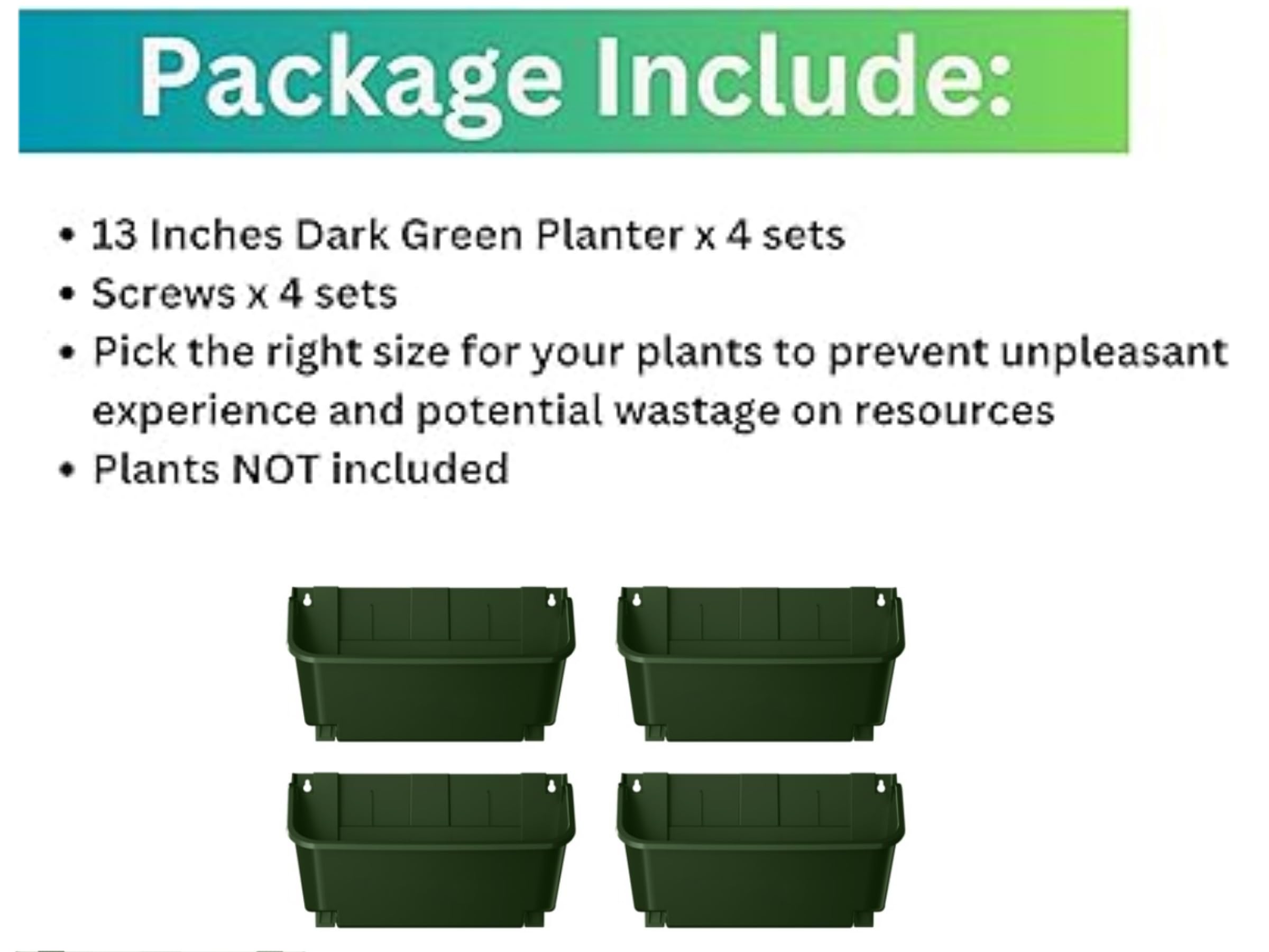 Maxona Lot de 4 pots de fleurs verticaux de 33 cm à fixation murale pour terrasse, décoration extérieure, pot en plastique vert, pour plantes, légumes, fruits, herbes