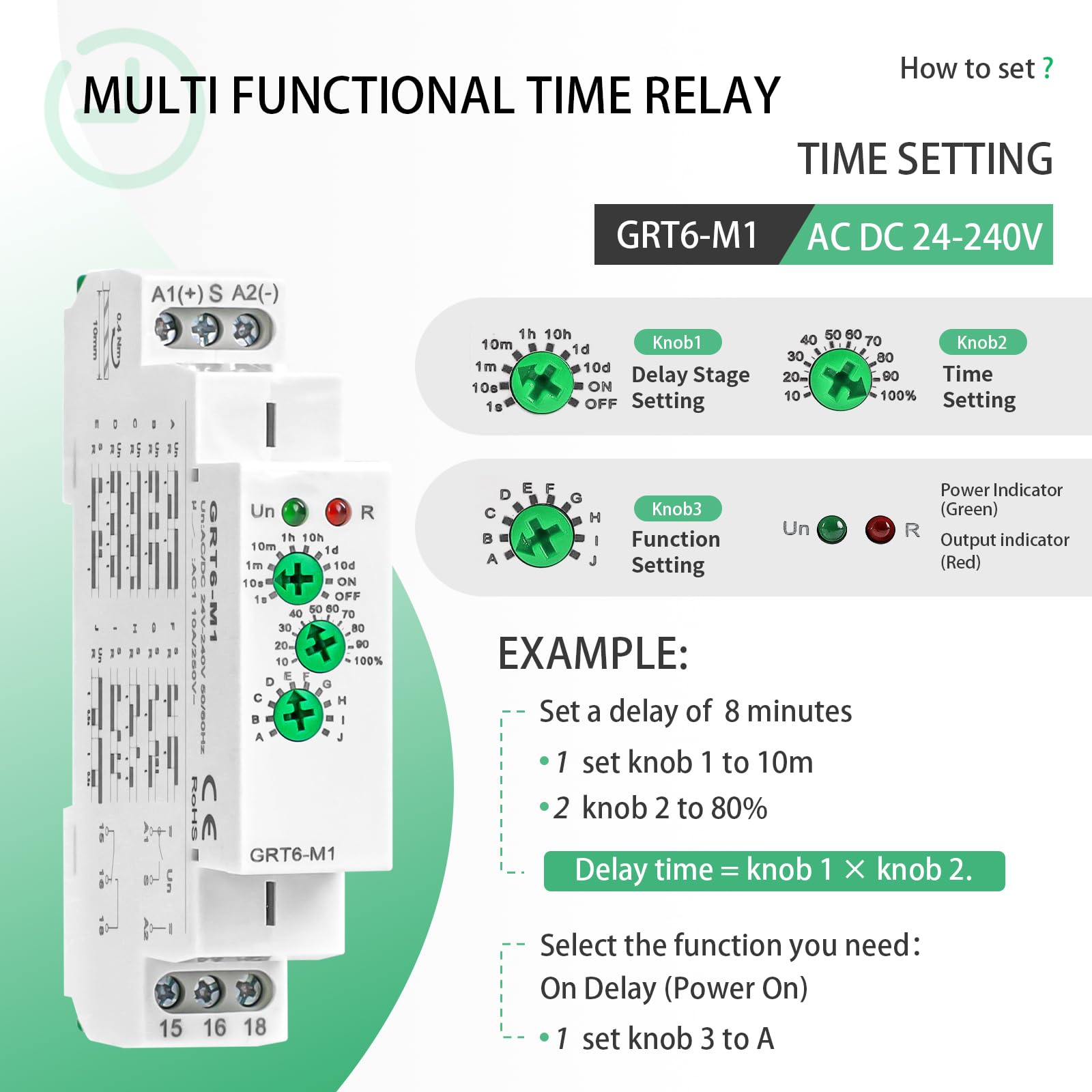 GRT6-M1 AC/DC24V-240V Rele Multifunzione con Ampio Intervallo di Ritardo, 1 SPDT Interruttore Smart Temporizzato 10A, 10 Funzioni Ideale per Applicazioni in Automazione