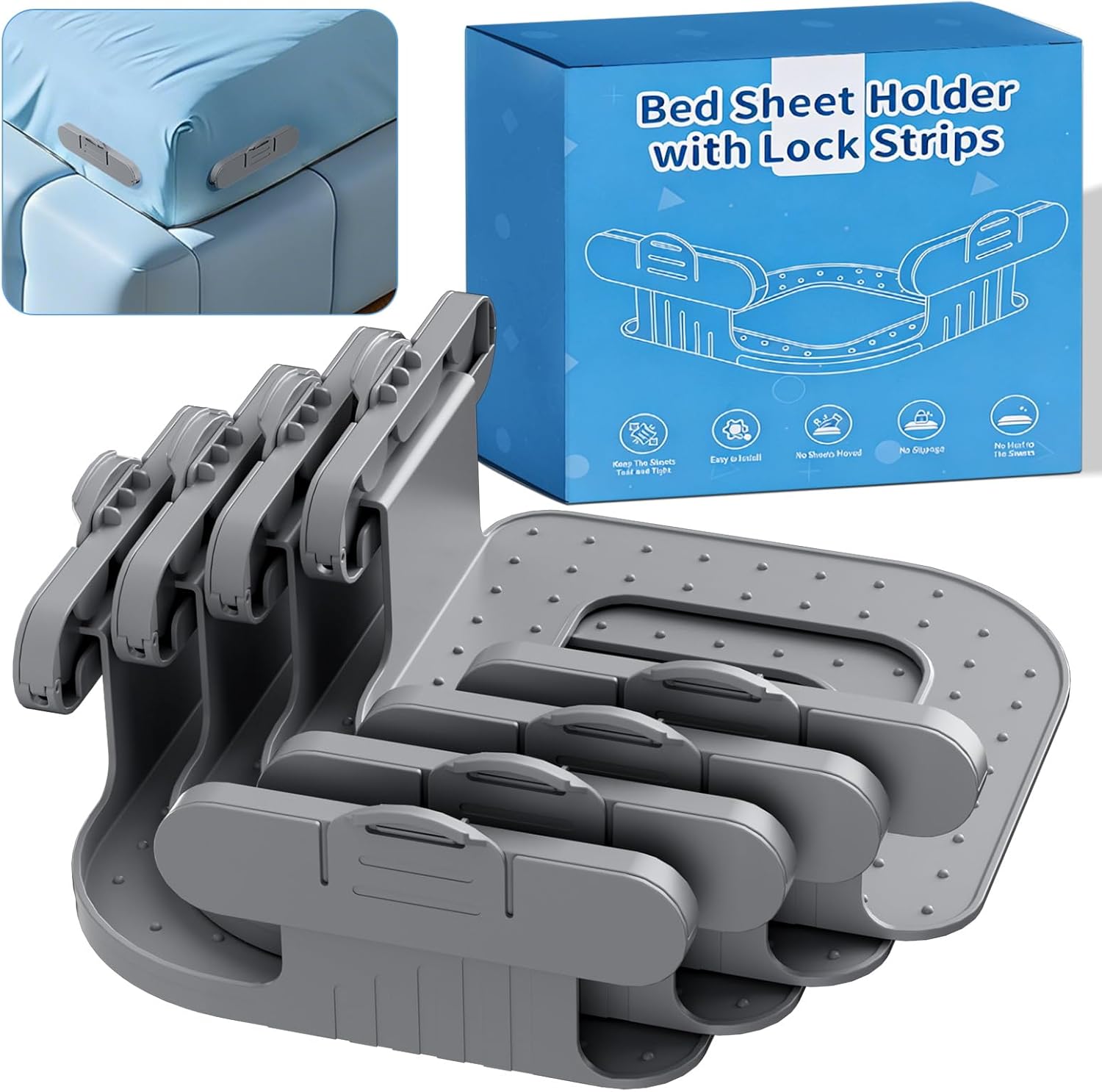 Bed Lock Sheet Holders Fit All Sheet Size, No Need to Flip the Mattress & Tight, Bed Fitted Sheet Holder for Corners, Sheet Clips, ABS Material with High Flexibility, Sheet Secure Lock Fasteners, Grey