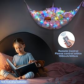 Basumee Stuffed Animals Net or Hammock with LED Light Hanging Toy Net Hammock for Stuffed Animals Storage Stuff Animals Hammocks for Nursery Kids Room with Remote Control, 8 Kinds of Lights(Pack of 1)
