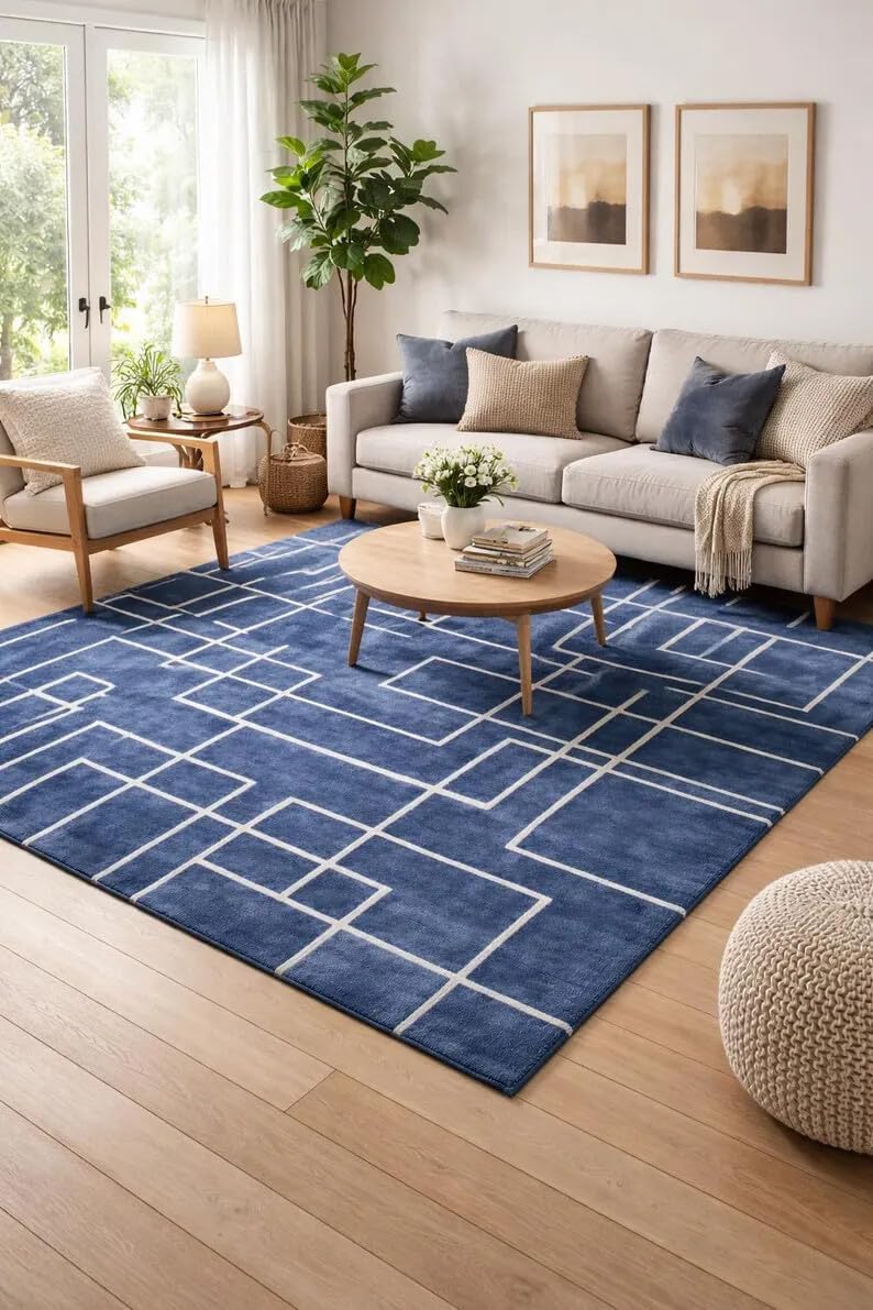 Hand Tufted Navy Blue and Ivory Rectangular Wool 50 Pounds Modern Geometric Living Room Area Rug 8.0x10.0