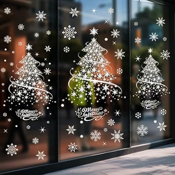 Christmas Decorations Window Clings Silver Xmas Tree Snowflake Double Side Decals Ornament Display Window Wall Door Decor Reusable DIY Static Stickers